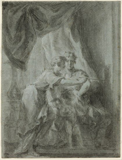Mars, Venus and Cupid, n.d., Unknown artist, French, 18th century, France, Black chalk, with stumping, heightened with white chalk, on blue laid paper with blue fibers, laid down on ivory laid paper, edge mounted on cream card, 254 × 194 mm