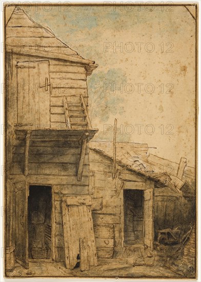 Farmyard, n.d., Attributed to Adriaen van Ostade, Dutch, 1610-1685, Holland, Pen and brown ink, with brush and brown, black, and blue wash, over graphite, on tan laid paper, laid down on cream laid card, 290 x 203 mm (primary support), 296 x 209 mm (seconday support)