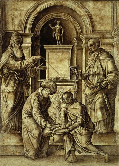 Sacrificial Scene, 1489/90, Gian Francesco de’Maineri, Italian, active 1489-1506, Italy, Pen and black ink with brush and gray-and-brown wash, heightened with lead white, partially oxidized, on cream laid paper, edge mounted to cream wove card, 418 x 300 mm (max.)