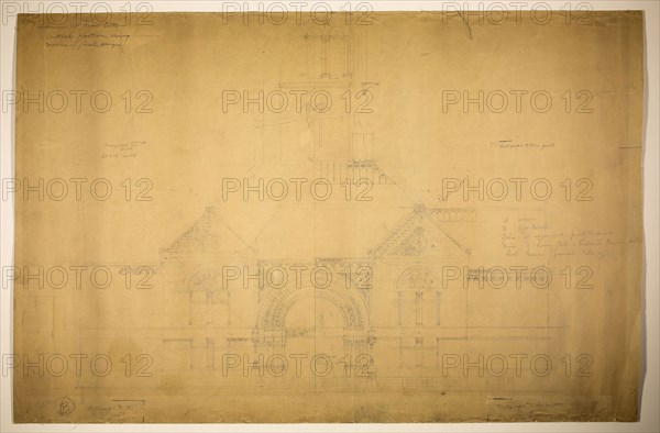 Proposed Fine Arts Museum, World’s Columbian Exposition, Chicago, Illinois, Entrance Elevation, c. 1890, John Wellborn Root, American, 1850-1891, United States, Graphite on paper, 50.8 × 43.2 cm (20 × 17 in.)