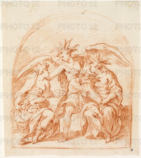 Allegorical Figure of Summer Flanked by Pomona and Ceres, c. 1630, Possibly Pierre Brèbiette (French, c. 1598-c. 1650), after Paolo Farinati (Italian, 1524-1606), France, Red chalk on cream laid paper, 134 × 150 mm