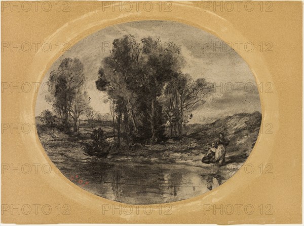 Figures by a Pond, 1855/60, Henri Joseph Constant Dutilleux, French, 1807-1865, France, Charcoal, with stumping, scraping, and erasing, on buff wove paper, laid down on tan cardboard, 232 × 286 mm
