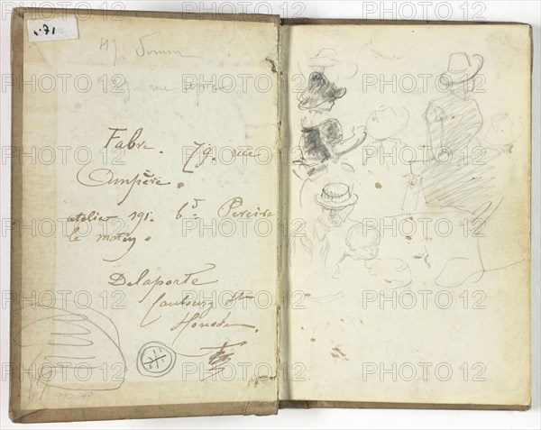 Sketchbook, c. 1885, Henry Somm, French, 1844-1907, France, Pen and black, brown, and blue inks and graphite on ivory wove paper, 140 × 90 mm (page), 149 × 100 mm (binding)