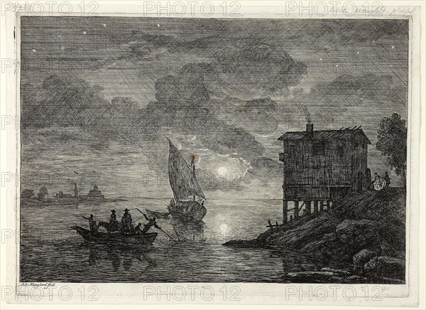Moonlit Harbor Scene with Ferry, 1753/54, Adrien Manglard, French, 1695-1760, France, Etching with touches of engraving and burnishing, on paper, 209 × 305 mm (image), 222 × 312 mm (plate), 238 × 325 mm (sheet)
