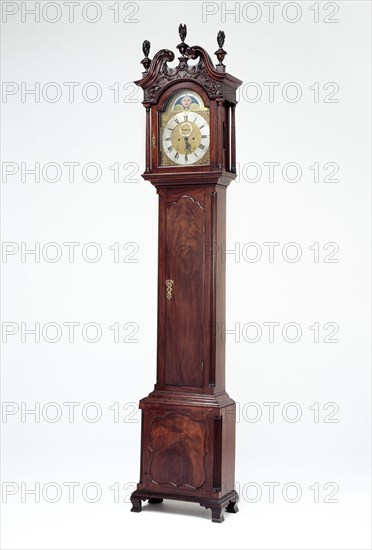 Tall Case Clock, 1765/75, Works by John Wood Jr., American, 1736–1793, Philadelphia, Mahogany and tulip wood, brass, iron, and glass, 254 × 47.6 × 22.9 cm (100 × 18 3/4 × 9 in.)