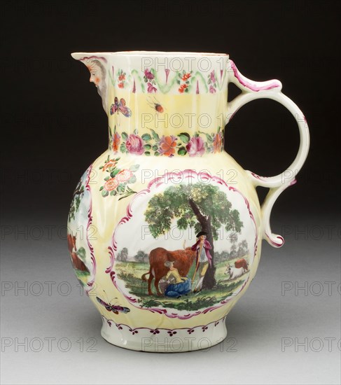 Jug, c. 1765, Worcester Porcelain Factory, Worcester, England, founded 1751, Worcester, Soft-paste porcelain, transfer-printed decoration and polychrome enamels, H. 22.9 cm (9 in.), diam. at lip: 12.4 cm (4 5/6 in.)