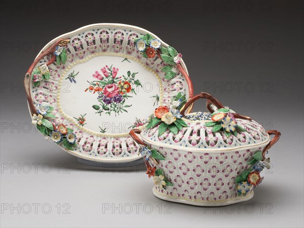 Chestnut Basket and Stand, c. 1760, Worcester Porcelain Factory, Worcester, England, founded 1751, Worcester, Soft-paste porcelain with polychrome enamels, Basket and lid: 14 x 20.2 x 14.6 cm (5 1/2 x 8 x 5 3/4 in.), Stand: 25 x 21.6 cm (9 7/8 x 8 1/2 in.)