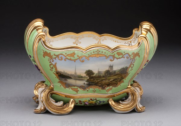 Flower Vase with view of Worcester, c. 1820, Worcester Porcelain Factory, Worcester, England, founded 1751, Worcester, Soft-paste porcelain with green ground, polychrome enamels and gilding, 15.9 x 23.5 cm (6 1/4 x 9 1/4 in.)