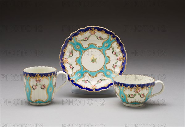 Teacup, Coffee Cup, and Saucer, c. 1775, Worcester Porcelain Factory, Worcester, England, founded 1751, Worcester, Soft-paste porcelain with polychrome enamels and gilding, Teacup H. 4.7 cm (2 in.), Coffee cup H. 6.5 cm (2 1/2 in.), Saucer diam. 13.6 cm (5 1/3 in.)