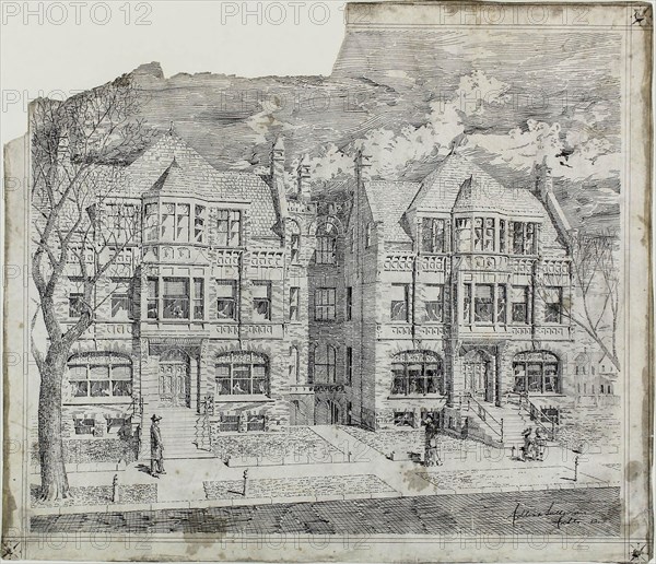 Double House for Mr. Straus, Perspective View, 1883, Adler & Sullivan, Architects (American, fl. 1883–1895), Louis H. Sullivan (American, 1856–1924), Dankmar Adler (American, 1844–1900), United States, Ink on drawing paper, 47.3 × 54.6 cm (18 5/8 × 21 1/2 in.)