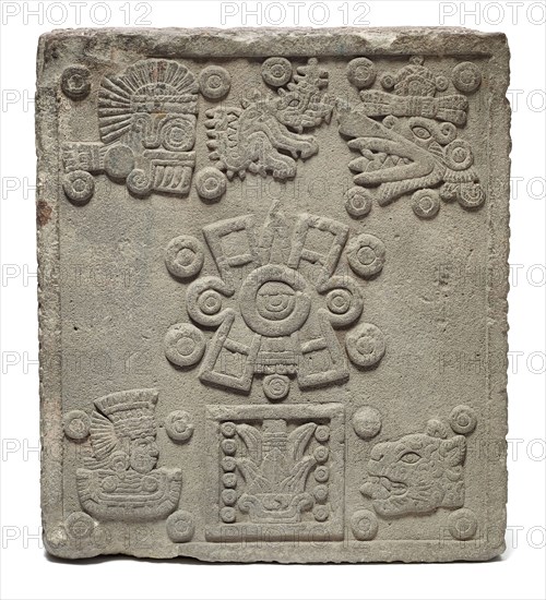 Coronation Stone of Motecuhzoma II (Stone of the Five Suns), 1503, Aztec (Mexica), Tenochtitlan, Mexico, Basalt, 55.9 × 66 × 22.9 cm (22 × 26 × 9 in.)