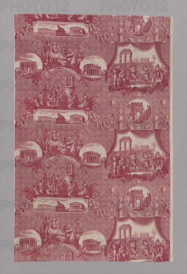Le Romain (The Roman) (Furnishing Fabric), 1811/1821, Designed by Jean Baptiste Huet (French, 1745–1811) after etchings by Bartolomeo Pinelli (Italian, 1781–1835) engraved by Jules Mallet (French, 1759–1835), Manufactured by Oberkampf et Widmer (French, 1738-1815), France, Jouy-en-Josas, France, Cotton, plain weave, engraved roller printed, 149.8 × 96.9 cm (59 × 38 1/8 in.)