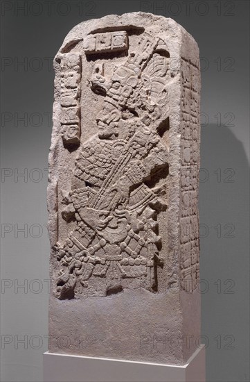 Stela, A.D. 702, Late Classic Maya, Vicinity of Calakmul, Campeche or Quintana Roo, Mexico, Campeche, Limestone, 162.6 × 68.6 × 30.5 cm (64 × 27 × 12 in.)