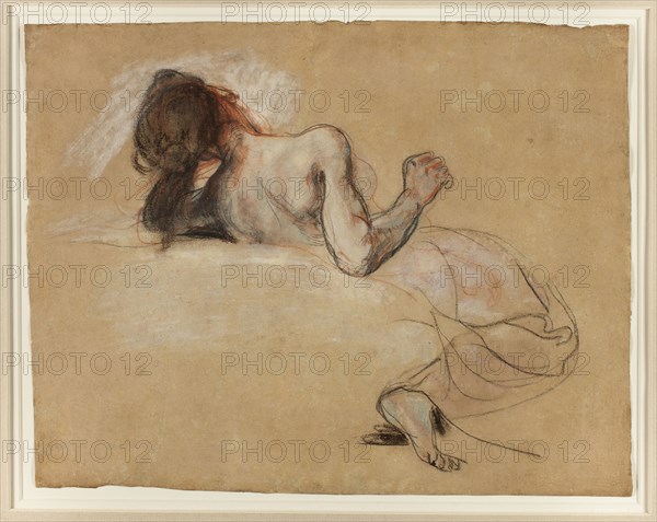 Crouching Woman, 1827, Eugène Delacroix, French, 1798-1863, France, Black and red chalk, with pastel, heightened with white chalk, over wash, on tan wove paper, 246 × 314 mm, The Tay at Kinfauns, 1890, David Young Cameron, Scottish, 1865-1945, Scotland, Etching on cream laid paper, 178 x 338 mm (image/plate), 260 x 440 mm (sheet)