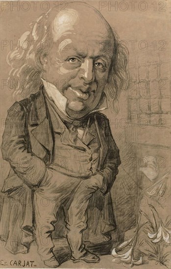 Caricatorial Portrait of Pierre-Jean de Beranger, c. 1856, Etienne Carjat, French, 1828–1906, France, Charcoal, heightened with white gouache, on tan wove paper, laid down on ivory card, 485 × 310 mm