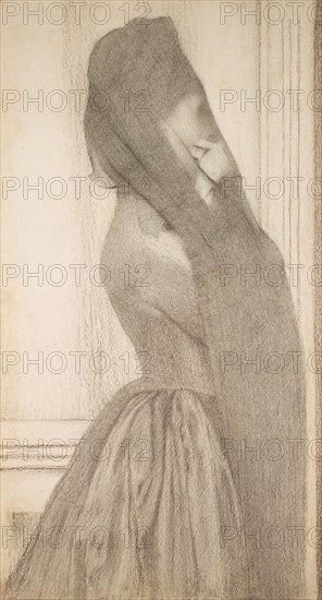 The Veil, c. 1887, Fernand Khnopff, Belgian, 1858-1921, Belgium, Charcoal and graphite with stumping on ivory wove paper, laid down on wood pulp board, 400 × 210 mm