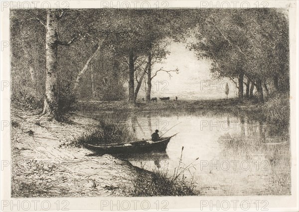 Fisherman in a Boat at the Riverside, 1887, Adolphe Appian, French, 1818-1898, France, Etching with monotype printing in black ink on ivory laid paper, 315 × 463 mm (image), 346 × 485 mm (sheet)