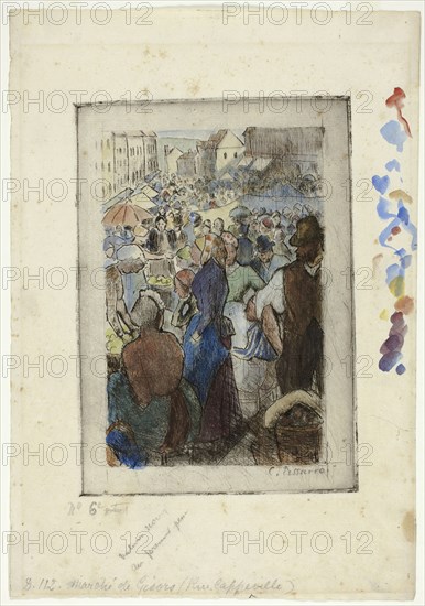 The Market at Gisors, Rue Cappeville, c. 1894, Camille Pissarro, French, 1830-1903, France, Etching in black, with watercolor, on ivory laid paper, 170 × 120 mm (image), 199 × 140 mm (plate), 297 × 207 mm (sheet)