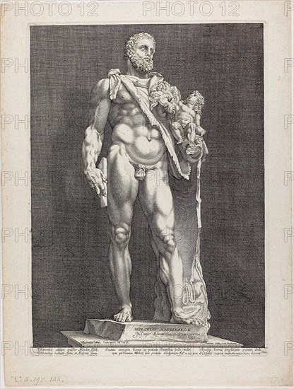 Hercules and Telephos, plate two from Three Famous Antique Sculptures, c. 1592, printed c. 1617, Hendrick Goltzius (Dutch, 1558-1617), text written by Theodorus Schrevelius, Netherlands, Engraving on ivory laid paper, 404 x 292 mm (image), 416 x 300 mm (plate), 480 x 363 mm (sheet)
