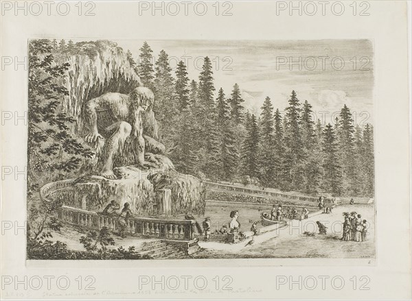 The Colossal Statue of the Apennines, from Views of Villa di Pratolino, c. 1653, Stefano della Bella, Italian, 1610-1664, Italy, Etching in black on ivory laid paper, 244 x 384 mm (image), 255 x 387 mm (plate), 329 x 450 mm (sheet)