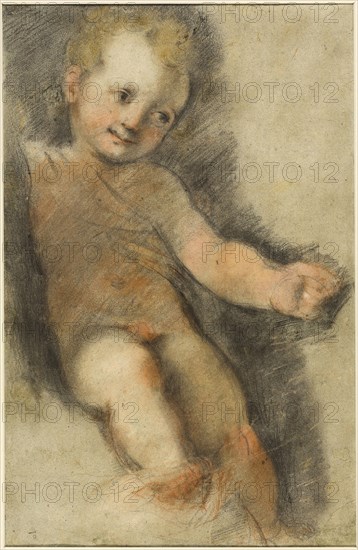 Christ Child: Study for the Madonna di San Giovanni, c. 1565, Federico Barocci, Italian, c. 1535-1612, Italy, Black and red chalk, with pastel and stumping, on greenish-blue laid paper, 401 x 263 mm