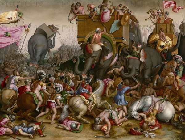 The Battle of Zama, after 1567, After Cornelis Cort, Netherlandish, c. 1533–before April 22, 1578, Netherlands, Oil on panel, 23 1/4 × 16 13/16 in. (59 × 42.7 cm)