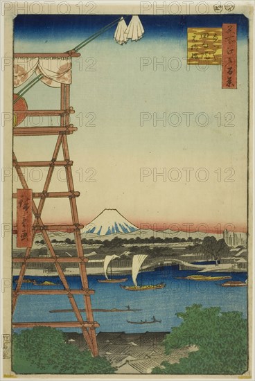 Ryogoku Ekoin and Moto-Yanagi Bridge (Ryogoku Ekoin Moto-Yanagibashi), from the series One Hundred Famous Views of Edo (Meisho Edo hyakkei), 1857, Utagawa Hiroshige ?? ??, Japanese, 1797–1858, Japan, Color woodblock print, oban, 34.0 x 22.2 cm (13 3/8 x 8 3/4 in.)