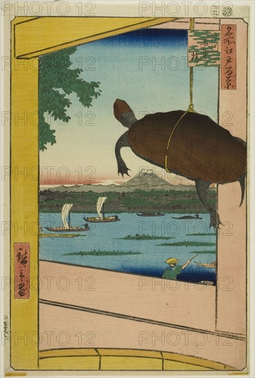 Mannen Bridge, Fukagawa (Fukagawa Mannenbashi), from the series One Hundred Famous Views of Edo (Meisho Edo hyakkei), 1857, Utagawa Hiroshige ?? ??, Japanese, 1797–1858, Japan, Color woodblock print, oban, 33.5 x 22.3 cm (13 3/16 x 8 3/4 in.)