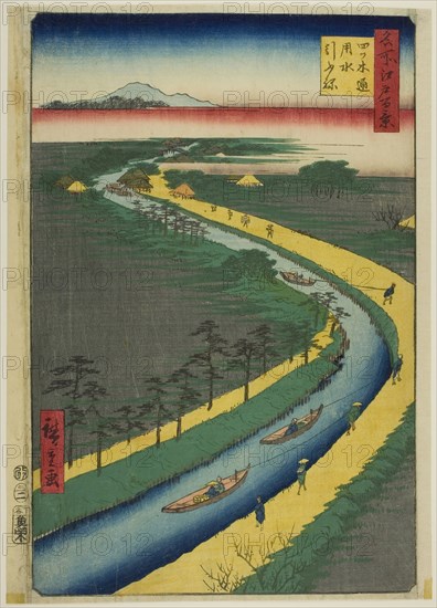 Towboats along the Yotsugidori Canal (Yotsugidori yosui hikifune), from the series One Hundred Famous Views of Edo (Meisho Edo hyakkei), 1857, Utagawa Hiroshige ?? ??, Japanese, 1797–1858, Japan, Color woodblock print, oban, 34.0 x 22.5 cm (13 3/8 x 8 7/8 in.)