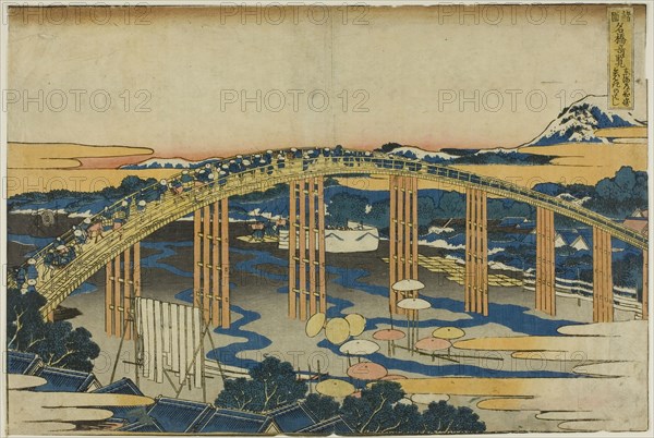Yahagi Bridge at Okazaki on the Tokaido (Tokaido Okazaki Yahagi no hashi), from the series Unusual Views of Famous Bridges in Various Provinces (Shokoku meikyo kiran), c. 1833/34, Katsushika Hokusai ?? ??, Japanese, 1760–1849, Japan, Color woodblock print, oban, 23.0 x 34.5 cm
