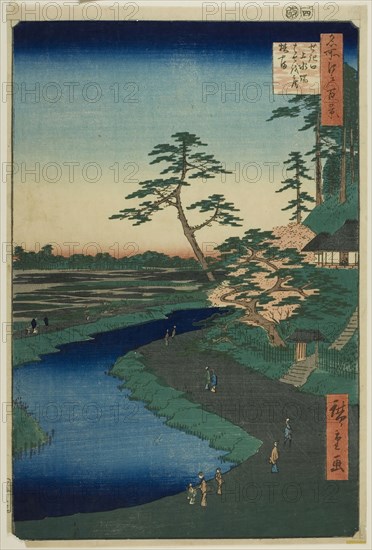 Basho’s Hut on Camellia Hill Beside the Aquaduct at Sekiguchi, from the series One Hundred Famous Views of Edo (Meisho Edo hyakkei), 1857, Utagawa Hiroshige ?? ??, Japanese, 1797–1858, Japan, Color woodblock print, oban