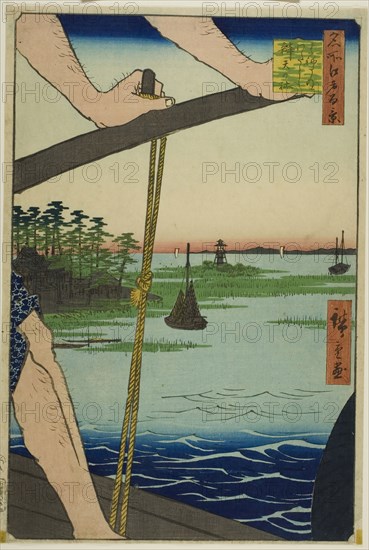 Haneda Ferry and Benten Shrine (Haneda no watashi Benten no yashiro), from the series One Hundred Famous Views of Edo (Meisho Edo hyakkei), 1858, Utagawa Hiroshige ?? ??, Japanese, 1797–1858, Japan, Color woodblock print, oban