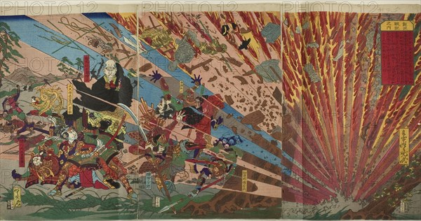 Battle of Nanba (Nanba senki no uchi), after 1871, Kawanabe Kyosai, Japanese, 1831–1889, Japan, Color woodblock print, triptych