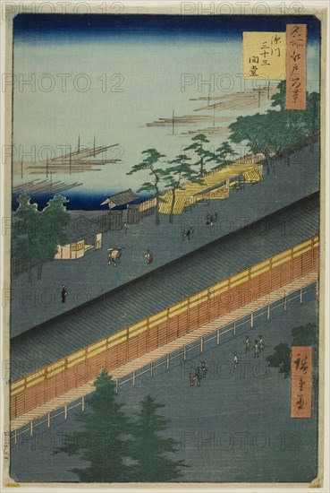 The Hall of Thirty-Three Bays at Fukagawa (Fukagawa Sanjusangendo), from the series One Hundred Famous Views of Edo (Meisho Edo hyakkei), 1857, Utagawa Hiroshige ?? ??, Japanese, 1797–1858, Japan, Color woodblock print, oban