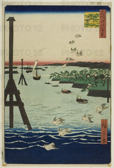 View of Shiba Bay (Shibaura no fukei), from the series One Hundred Famous Views of Edo (Meisho Edo hyakkei), 1856, Utagawa Hiroshige ?? ??, Japanese, 1797–1858, Japan, Color woodblock print, oban