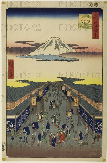 Surugacho, from the series One Hundred Famous Views of Edo (Meisho Edo hyakkei), 1856, Utagawa Hiroshige ?? ??, Japanese, 1797–1858, Japan, Color woodblock print, oban, 36.3 x 23.9 cm (14 5/16 x 9 7/16 in.)