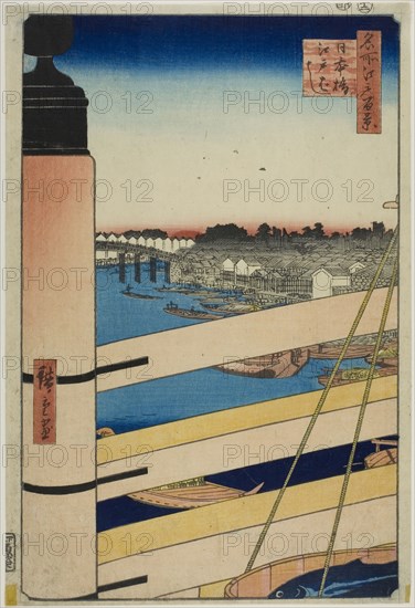 Nihon Bridge and Edo Bridge (Nihonbashi, Edobashi), from the series One Hundred Famous Views of Edo (Meisho Edo hyakkei), 1857, Utagawa Hiroshige ?? ??, Japanese, 1797–1858, Japan, Color woodblock print, oban