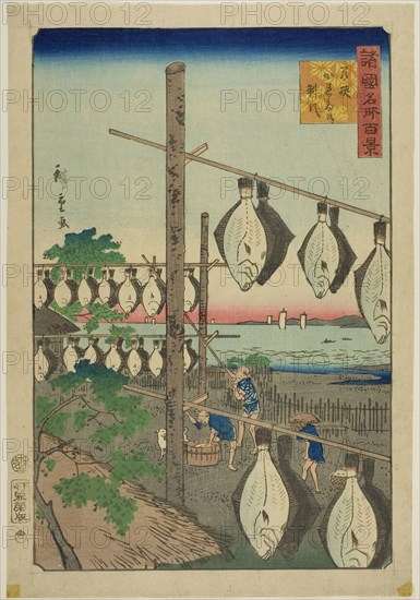 Strung-up Flounder, Wakasa Province (Wakasa karei o sasu) from the series One Hundred Famous Views in the Various Provinces (Shokoku meisho hyakkei), 1859, Utagawa Hiroshige II (Shigenobu), Japanese, 1826–1869, Japan, Color woodblock print