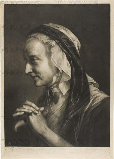 Old Woman Leaning on a Cane, from Life-Sized Heads, 1760, Thomas Frye, Irish, 1710-1762, Ireland, Mezzotint in black on buff laid paper, 474 x 352 mm (image), 505 x 354 mm (plate), 528 x 378 mm (sheet)