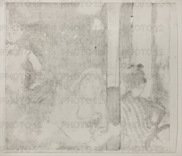 Women in Front of a Café, Evening, c. 1877, Edgar Degas, French, 1834-1917, France, Monotype cognate on ivory wove paper laid down on ivory wove paper, 270 × 298 mm (image/plate), 273 × 312 mm (primary support), 316 × 456 mm (secondary support)