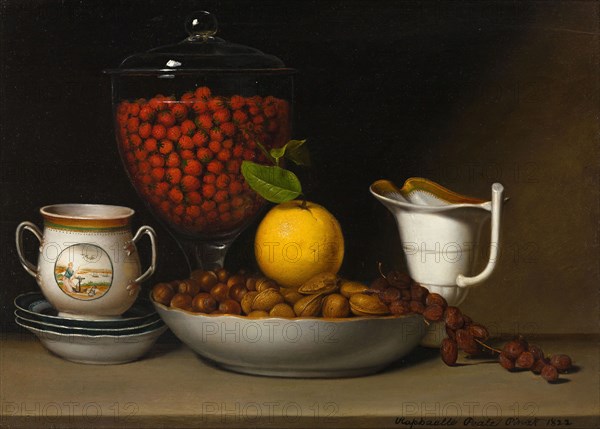 Still Life, Strawberries, Nuts, &c., 1822, Raphaelle Peale, American, 1774–1825, Philadelphia, Oil on wood panel, 41.1 × 57.8 cm (16 3/16 × 22 3/4 in.)