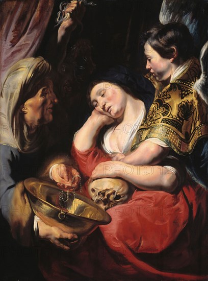 The Temptation of the Magdalene, c. 1616/17, Jacob Jordaens, Flemish, 1593-1678, Flanders, Oil on panel, 49 11/16 × 38 1/4 in. (126.2 × 96.8 cm)
