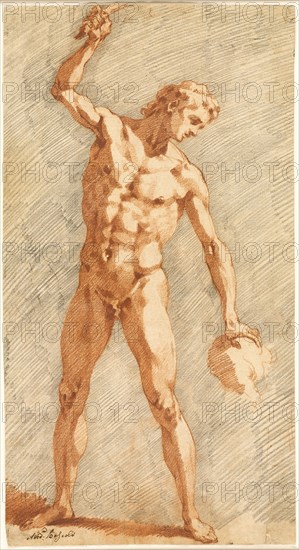 Standing Academy, c. 1587, Andrea Boscoli, Italian, c. 1560-1608, Italy, Red and black chalk, on buff laid paper, laid down on cream laid paper, tipped onto cream board, 417 x 226 mm