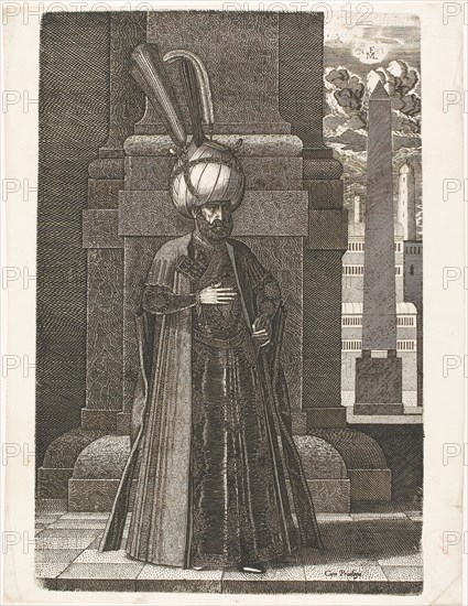 Ismael, the Persian Ambassador of Tahmasp, King of Persia, 1569, Melchior Lorichs, Danish, 1526/27-after 1588, Denmark, Engraving in black on cream laid paper, 395 × 265 mm (image/plate), 408 × 310 mm (sheet)