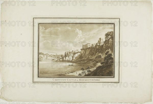 Chepstow Castle in Monmouth Shire, from Twelve Views in Aquatinta from Drawings taken on the Spot in South Wales, 1773–75, Paul Sandby, English, 1731-1809, England, Etching and aquatint on ivory laid paper, 178 × 255 mm (image), 238 × 314 mm (plate), 357 × 527 mm (sheet)