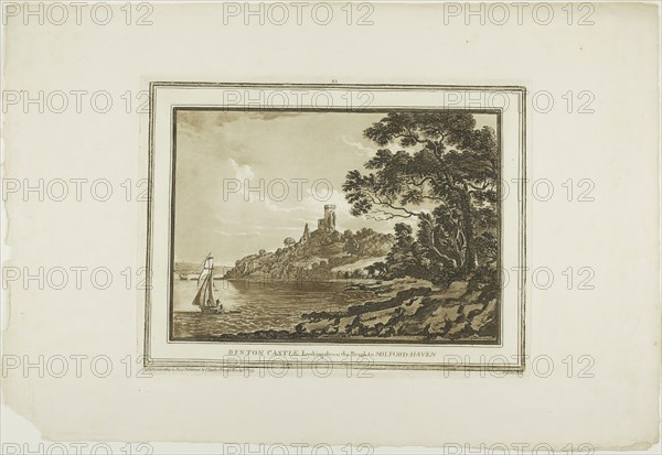 Benton Castle Looking down the Reach to Milford Haven, from Twelve Views in Aquatinta from Drawings taken on the Spot in South Wales, 1773–75, Paul Sandby, English, 1731-1809, England, Etching and aquatint on ivory laid paper, 182 × 258 mm (image), 238 × 314 mm (plate), 360 × 525 mm (sheet)