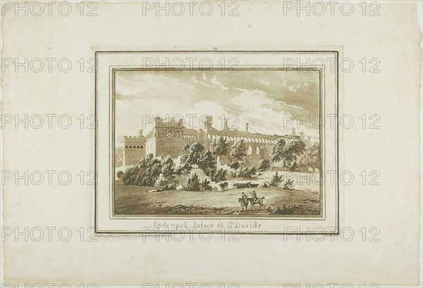 Episcopal Palace at St. Davids, from Twelve Views in Aquatinta from Drawings taken on the Spot in South Wales, 1773–75, Paul Sandby, English, 1731-1809, England, Etching and aquatint on ivory laid paper, 180 × 255 mm (image), 239 × 315 mm (plate), 357 × 525 mm (sheet)