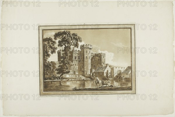 The South Gate of Cardiff Castle in Glamorgan Shire, from Twelve Views in Aquatint from Drawings taken on the Spot in South Wales, 1773–75, Paul Sandby, English, 1731-1809, England, Etching and aquatint on ivory laid paper, 186 × 261 mm (image), 225 × 303 mm (plate), 351 × 530 mm (sheet)