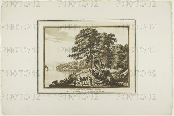 View Up Neath River from the House at Briton Ferry in Glamorgan Shire, from Twelve Views in Aquatinta from Drawings taken on the Spot in South Wales, 1773–75, Paul Sandby, English, 1731-1809, England, Etching and aquatint on ivory laid paper, 183 × 258 mm (image), 238 × 315 mm (plate), 355 × 530 mm (sheet)