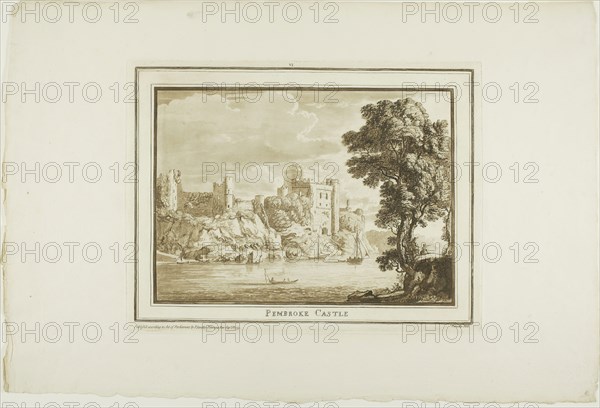 Pembroke Castle, from Twelve Views in Aquatinta from Drawings taken on the Spot in South Wales, 1773–75, Paul Sandby, English, 1731-1809, England, Etching and aquatint on ivory laid paper, 186 × 260 mm (image), 239 × 314 mm (plate), 353 × 525 mm (sheet)